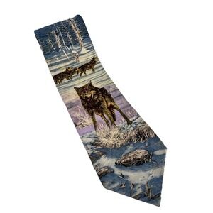 Endangered Species Necktie Wolf Snow Novelty 100% Silk All Over‎ Print Vintage